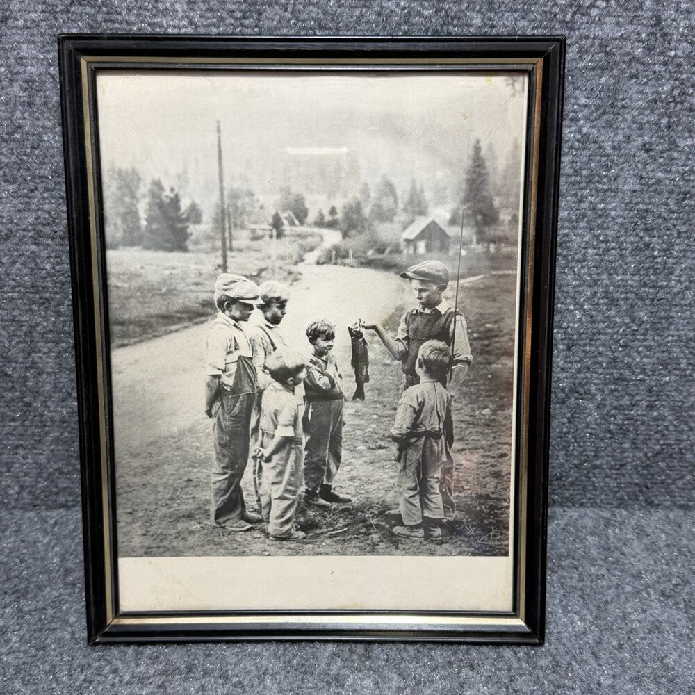 Fishing Photo Three Boys Overalls Americana Country Home Wall Art Framed Read